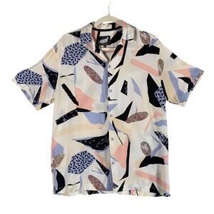 Fresh Prints of Bel-Air Mens Abstract Geometric 90s Rayon Button Down Shirt S